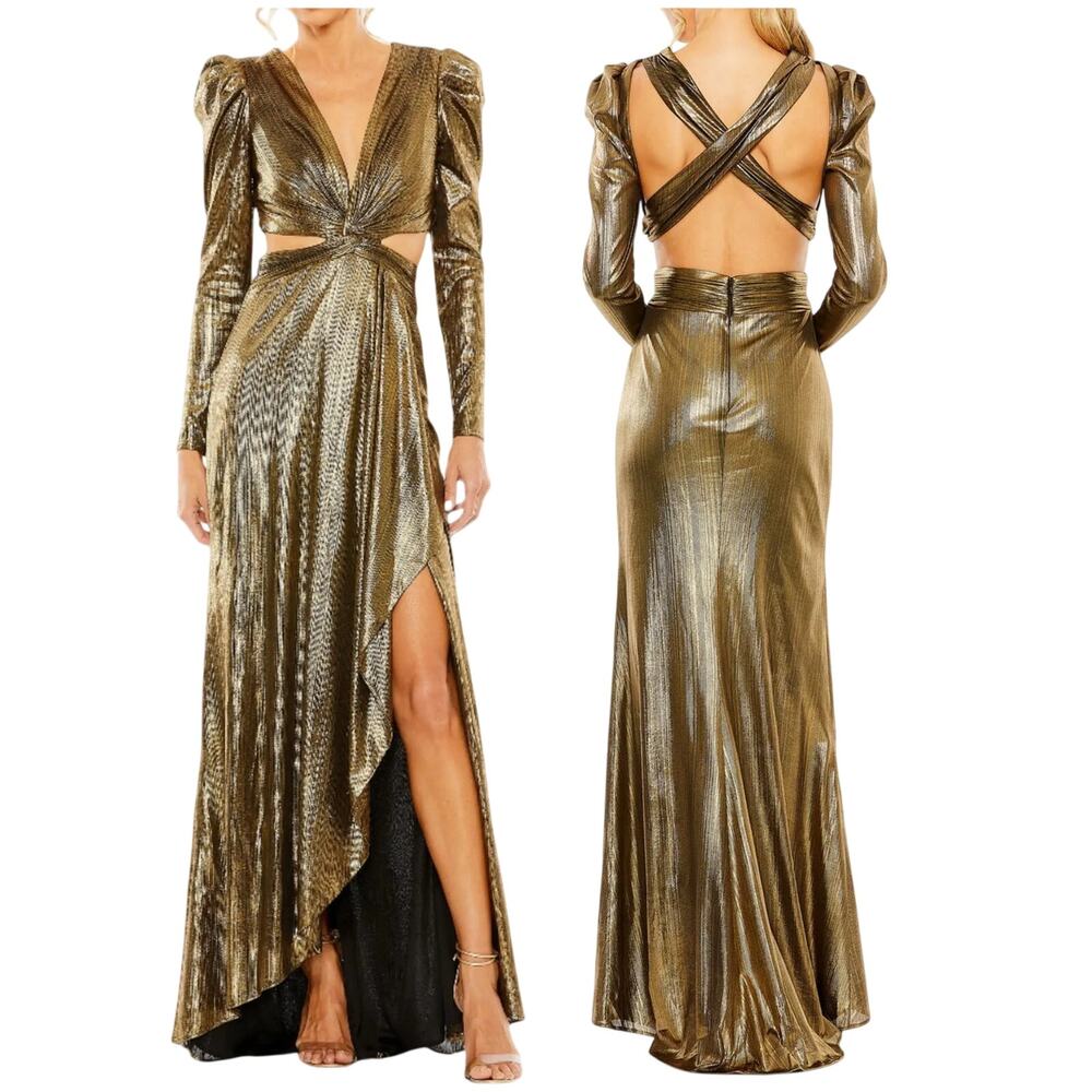 Mac Duggal NWT Gold Princess Sleeve Cut Out Metallic Gown Deep V-neck Size 6